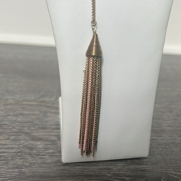 Gold tone long necklace with multi-color tassel - Picture 4 of 8
